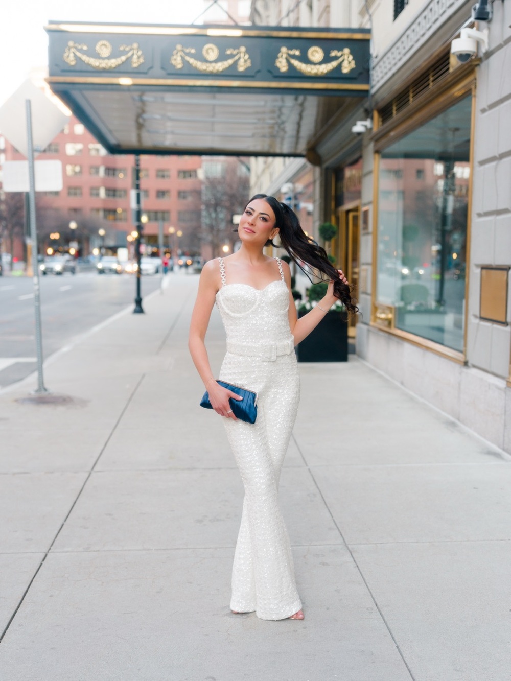 NADINE MERABI White Sequin Strap Flared Jumpsuit